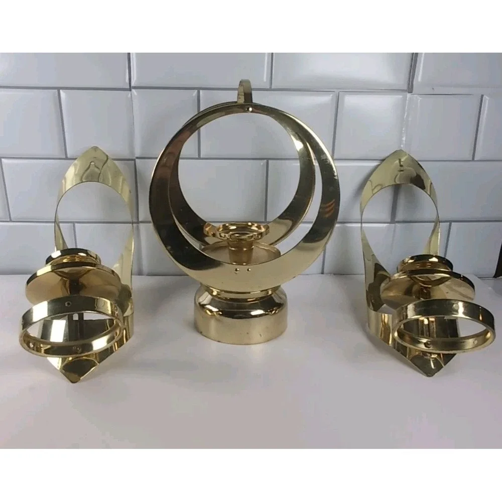 Vintage Mascot 3-piece Gold Tone Brass/Metal Wall Mount Sconces & Centerpiece